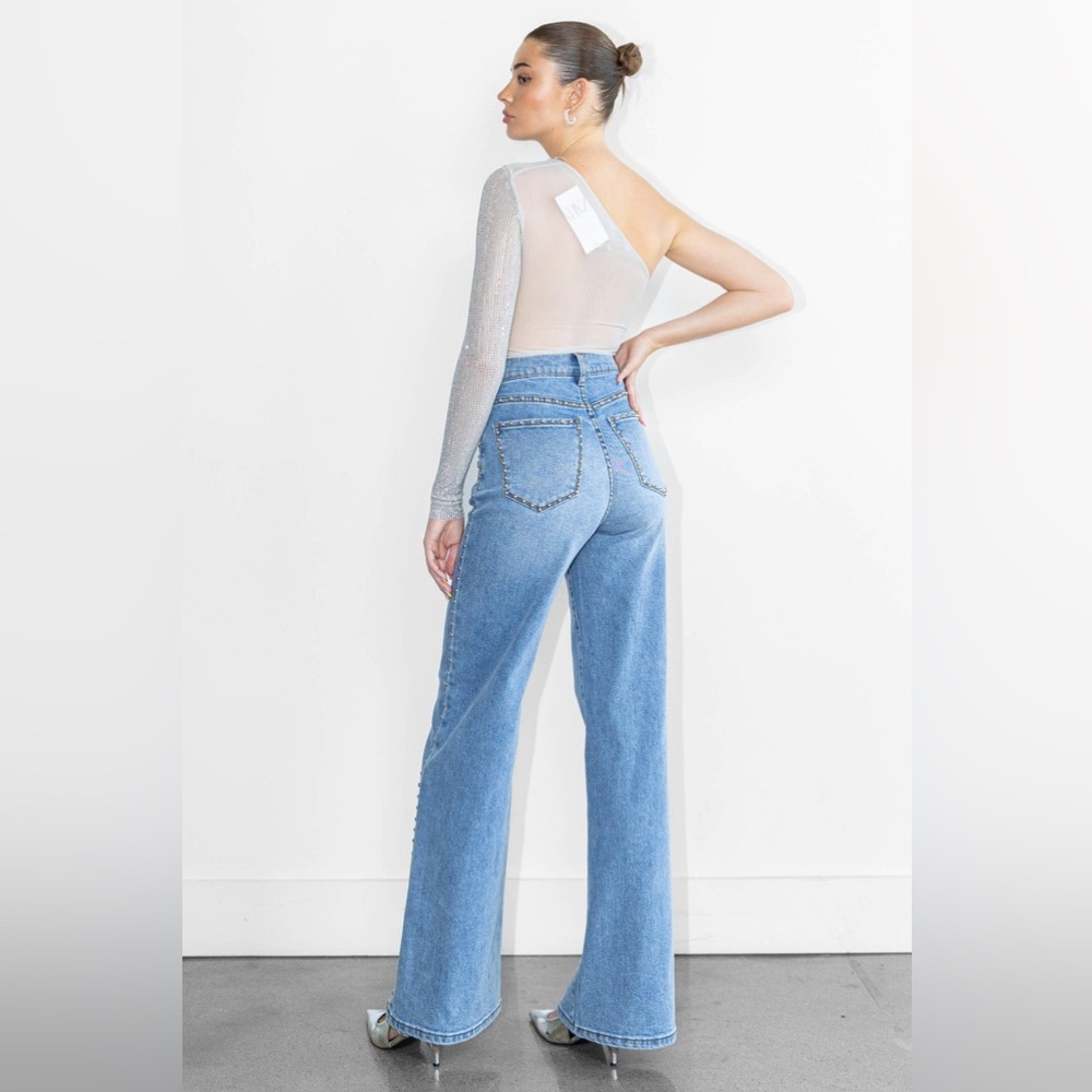 Studded women’s jeans‎ Wide Leg edgy moto statement metallic bold festival - Picture 2 of 13